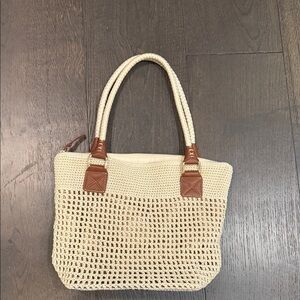 The Sak Cream Woven Tote with Tan Trim